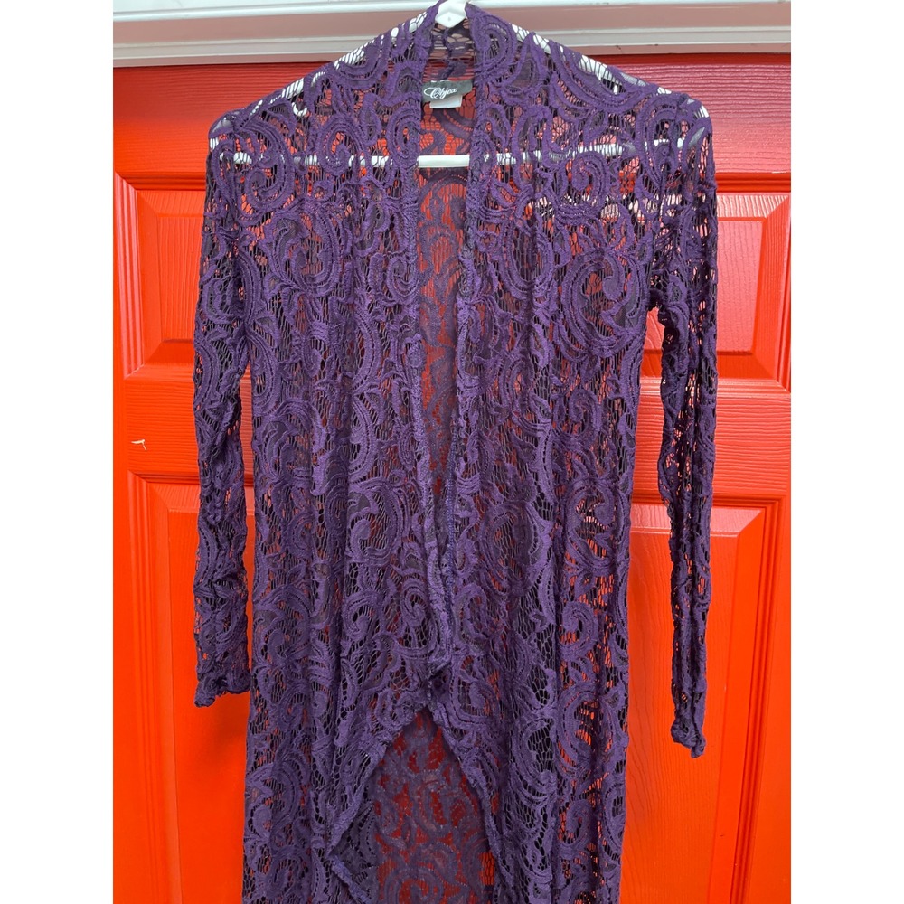Objex Purple Lace Duster Cardigan Long Sleeve Open Front Sheer Layering Top M